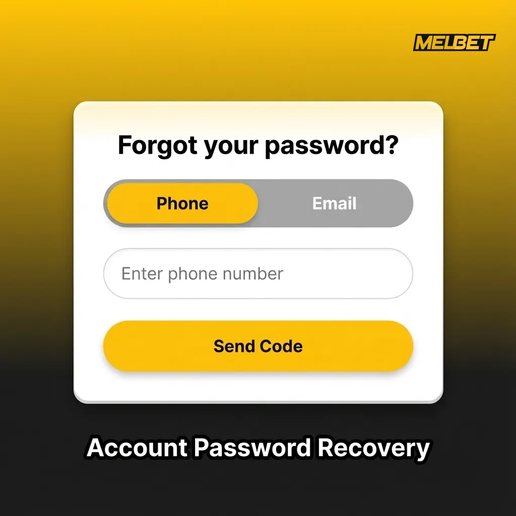Illustration of Melbet login screen showing “Forgot password?” and options to recover via email, phone, or social account
