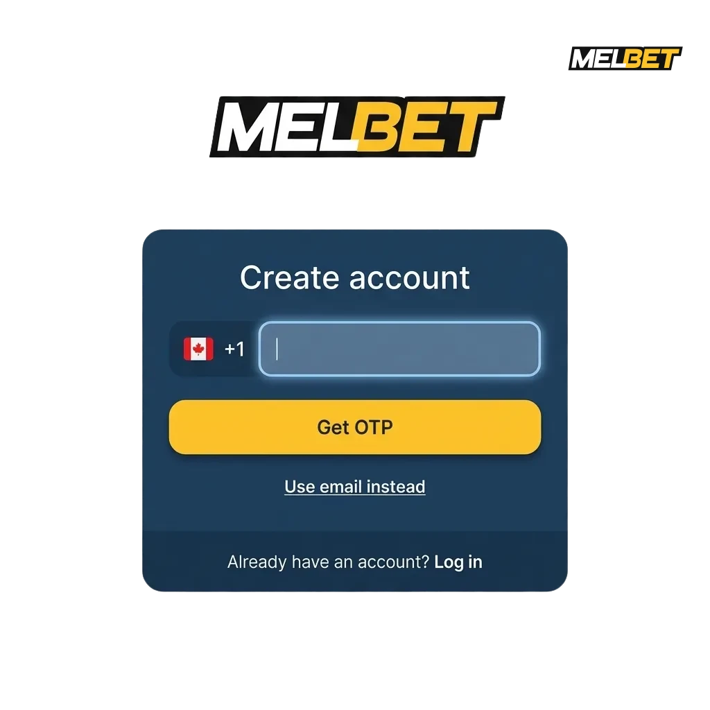 Illustration of Melbet Canada registration, login and verification steps with welcome bonus offer shown