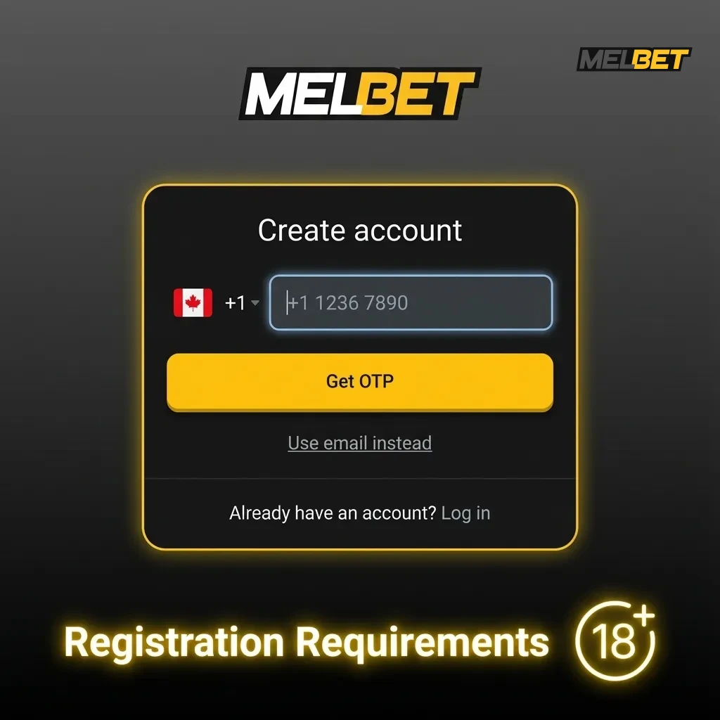 Infographic listing Melbet Canada registration rules: age 18+, accurate details, one account, document checks, legal compliance.
